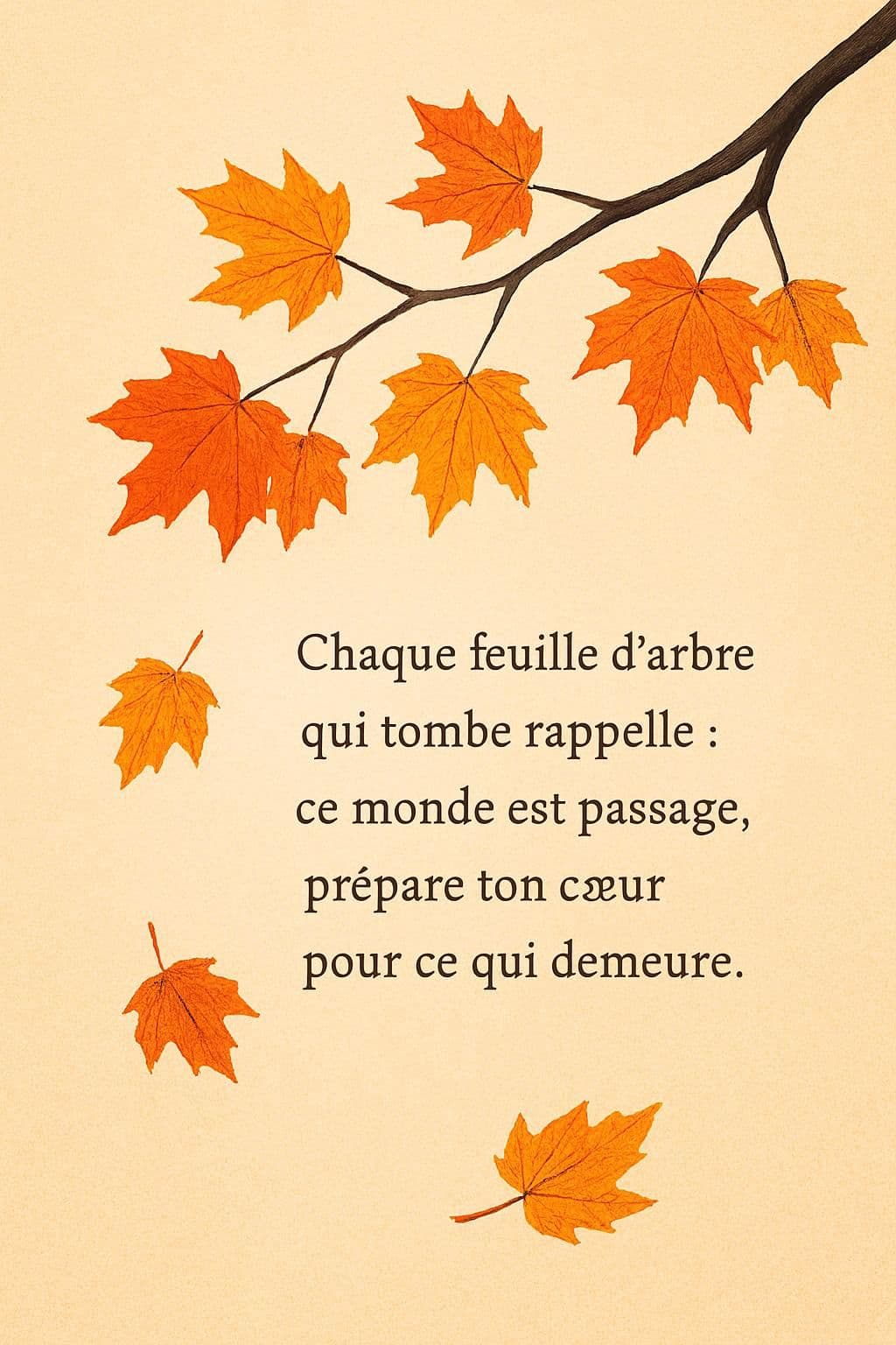Feuille d’automne sur un ruisseau accompagnée d’un rappel sur le caractère passager de ce monde.