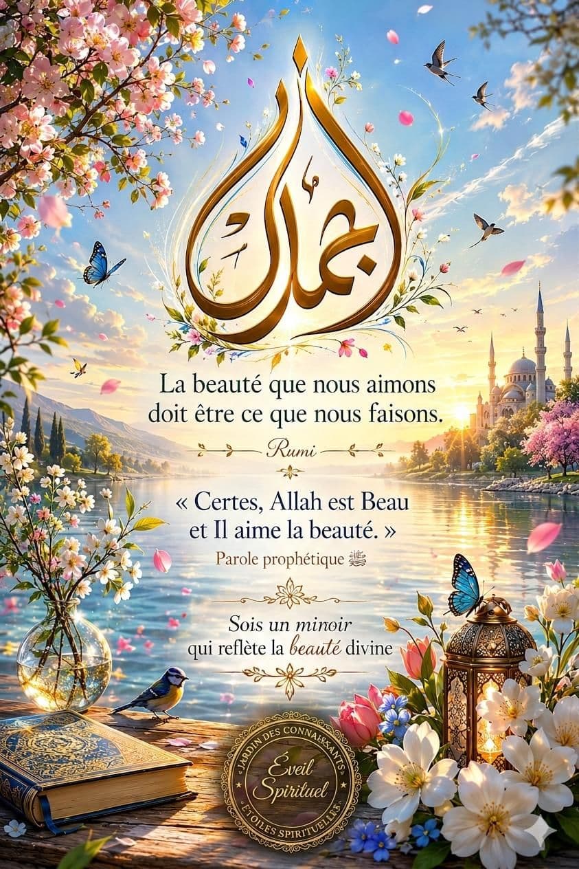 Calligraphie d’Allah au-dessus d’un paysage fleuri et d’une réflexion sur la beauté.
