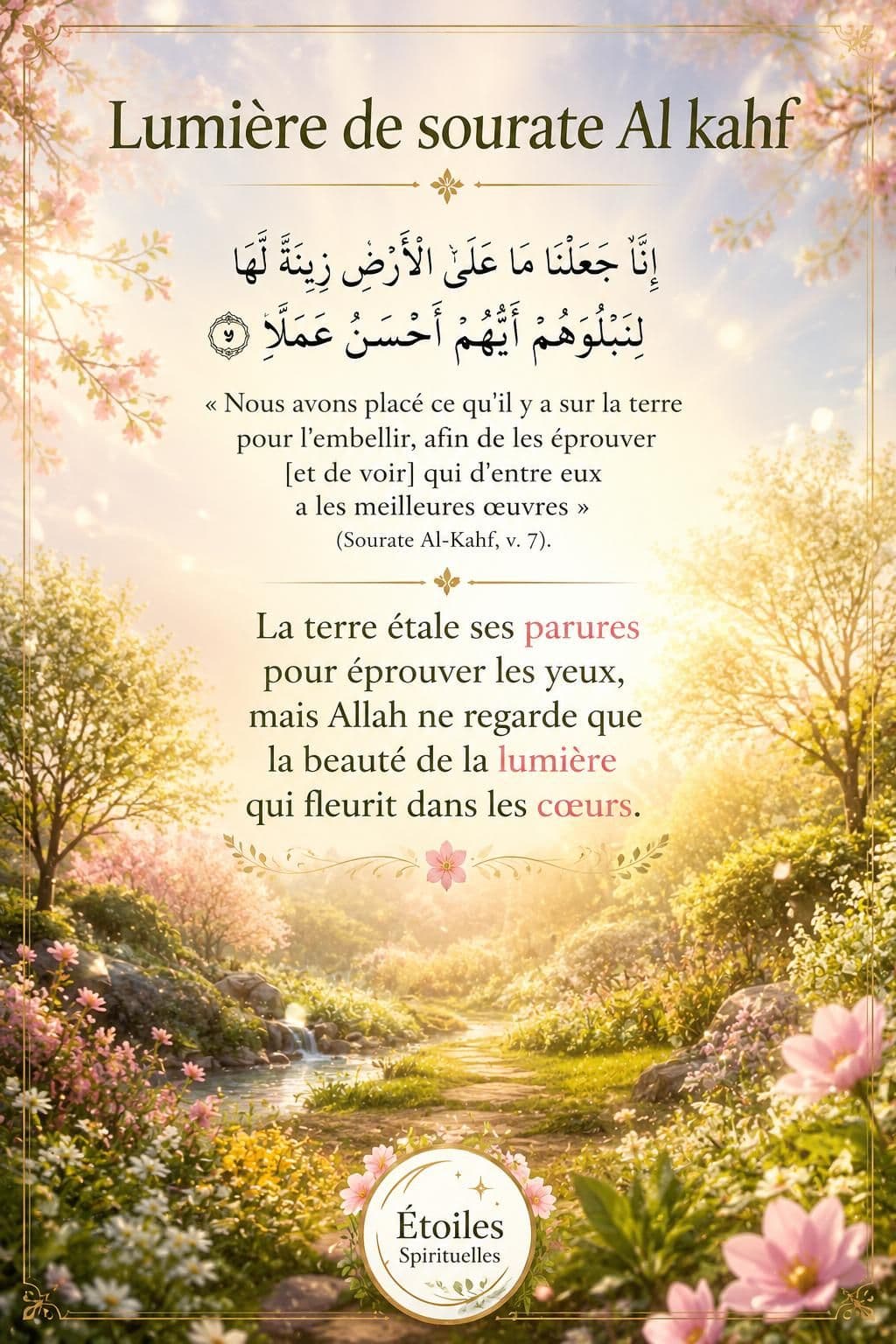 Coran ouvert dans un paysage de grotte lumineuse, avec une réflexion sur la sourate Al-Kahf.