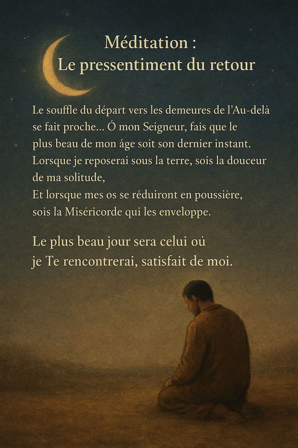 Oiseau s’envolant vers la lumière au-dessus d’un paysage de montagne, avec une invocation sur le retour.